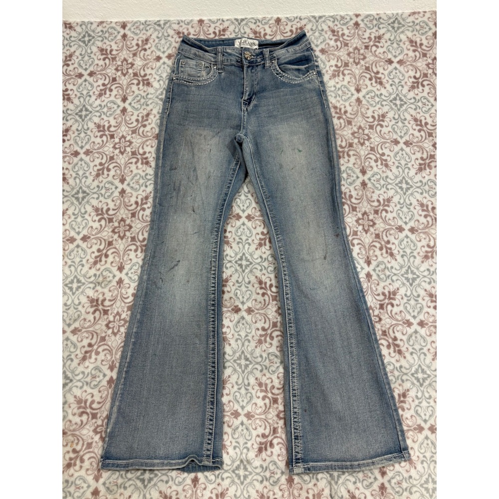 Y Jeans Los Angeles Womens 5/6 Light Wash Flare Leg Rhinestone Denim Blue Jeans